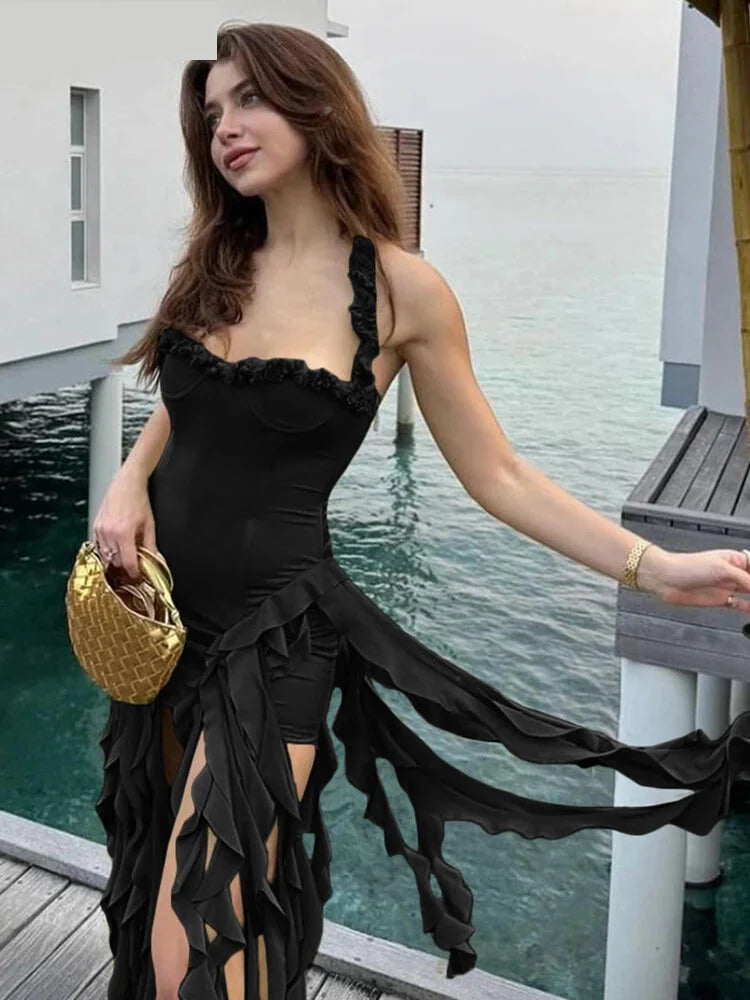 Clubbing Dresses- Summer Festival Dress with Cascading Ruffles- Black- IndioGear.com