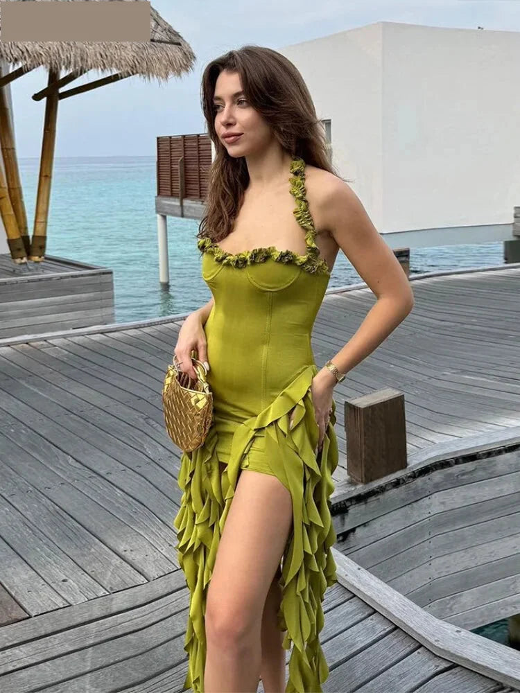 Clubbing Dresses- Summer Festival Dress with Cascading Ruffles- Green- IndioGear.com