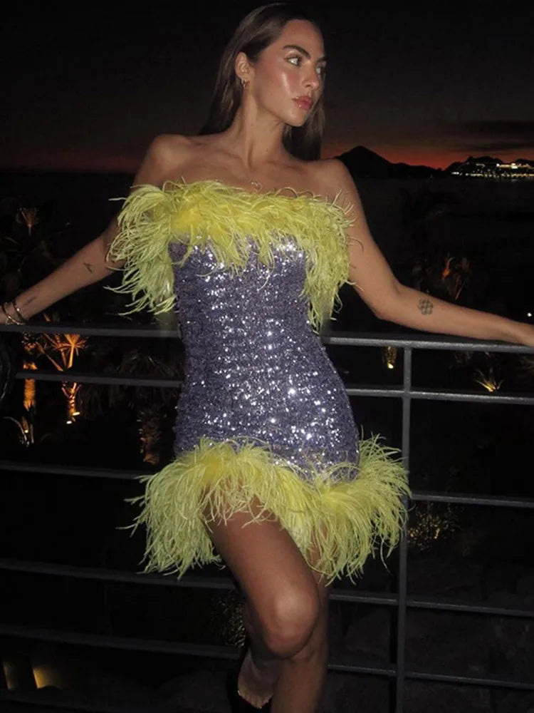 Clubbing Dresses- Feather Trim Strapless Sequin Dress for Fashion Shows- - IndioGear Women Clothing