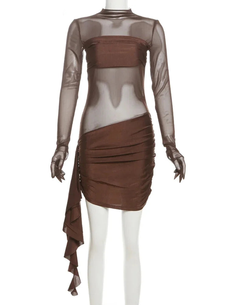 Clubbing Dresses- Mocha Clubbing Mini Dress for Evening Glam- - IndioGear.com