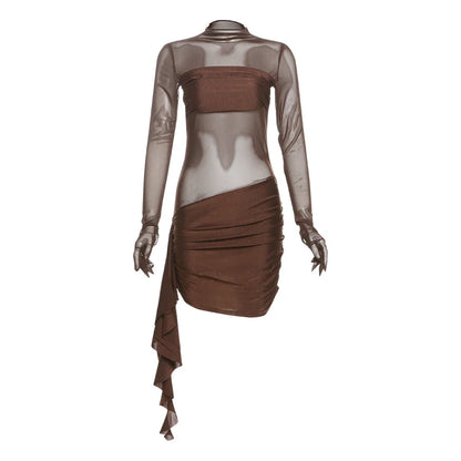 Clubbing Dresses- Mocha Clubbing Mini Dress for Evening Glam- - IndioGear.com