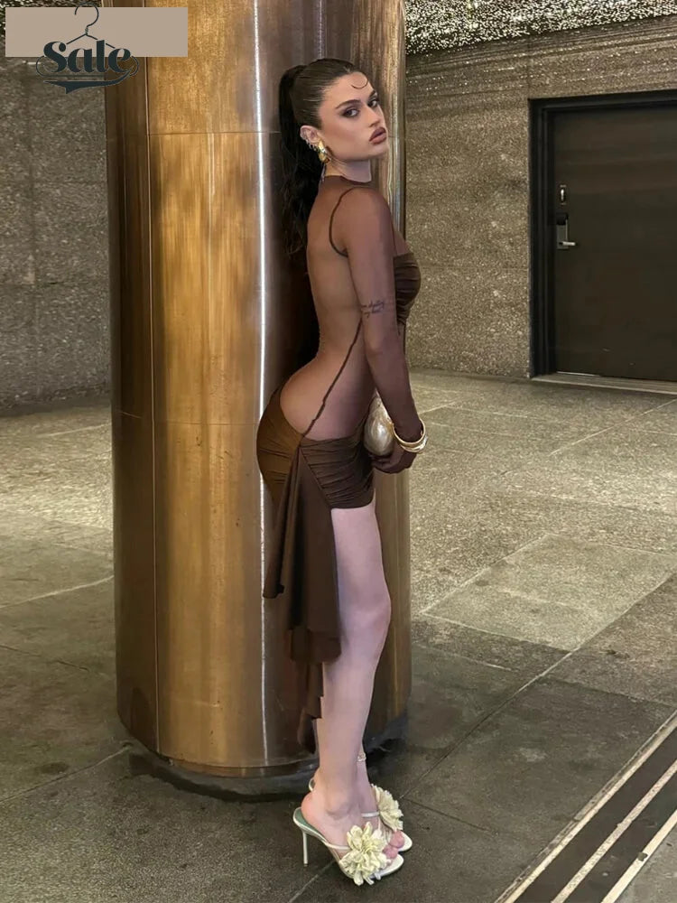 Clubbing Dresses- Mocha Clubbing Mini Dress for Evening Glam- - IndioGear.com