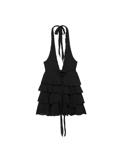 Clubbing Dresses- Plunging Halter Tiered Ruffle Clubbing Mini Dress- Black- IndioGear.com