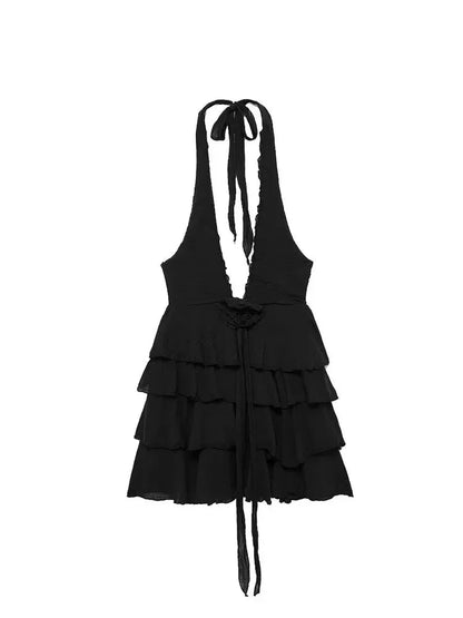 Clubbing Dresses- Plunging Halter Tiered Ruffle Clubbing Mini Dress- - IndioGear.com