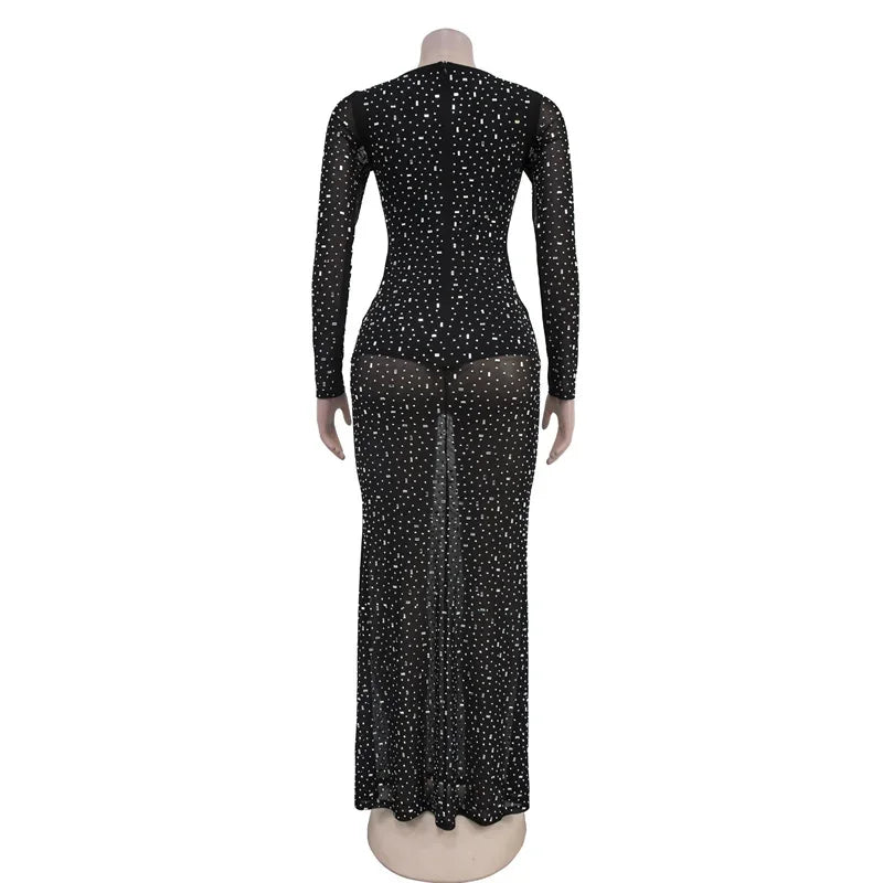 Clubbing Dresses- Rhinestone Embellished Evening Gown Sparkle Maxi Dress- - IndioGear Women Clothing