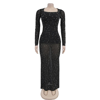 Clubbing Dresses- Rhinestone Embellished Evening Gown Sparkle Maxi Dress- - IndioGear Women Clothing