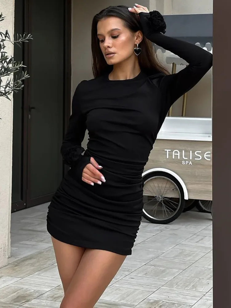 Clubbing Dresses- Ruched Body-Hugging Rossette Mini Dress for Disco Nights- Black- IndioGear.com