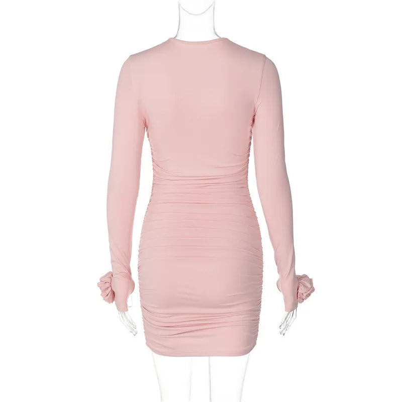 Clubbing Dresses- Ruched Body-Hugging Rossette Mini Dress for Disco Nights- - IndioGear.com