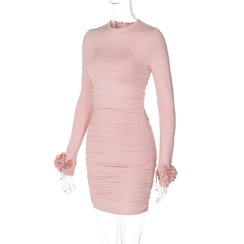 Clubbing Dresses- Ruched Body-Hugging Rossette Mini Dress for Disco Nights- - IndioGear.com