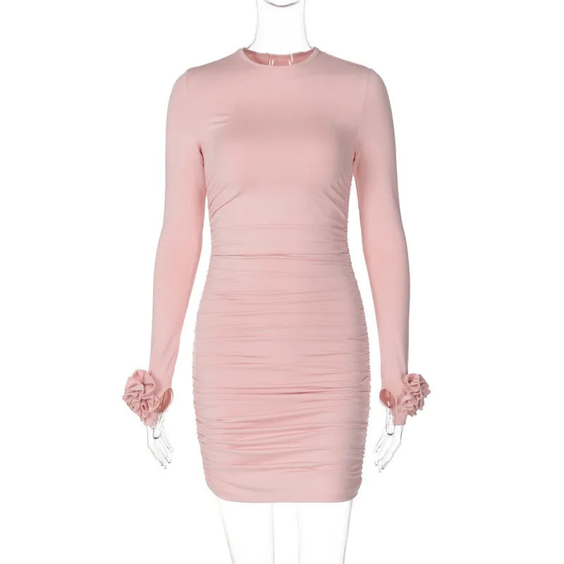 Clubbing Dresses- Ruched Body-Hugging Rossette Mini Dress for Disco Nights- - IndioGear.com