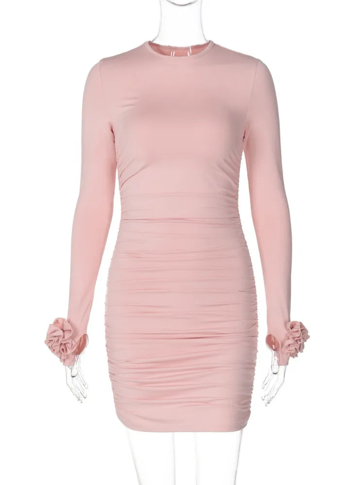 Clubbing Dresses- Ruched Body-Hugging Rossette Mini Dress for Disco Nights- - IndioGear.com