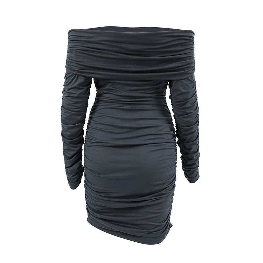 Clubbing Dresses- Ruched Bodycon Urban Off-Shoulder Mini Dress- - IndioGear.com