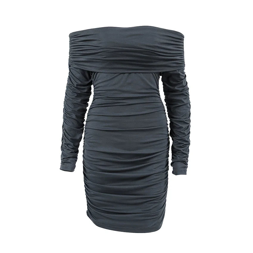 Clubbing Dresses- Ruched Bodycon Urban Off-Shoulder Mini Dress- - IndioGear.com