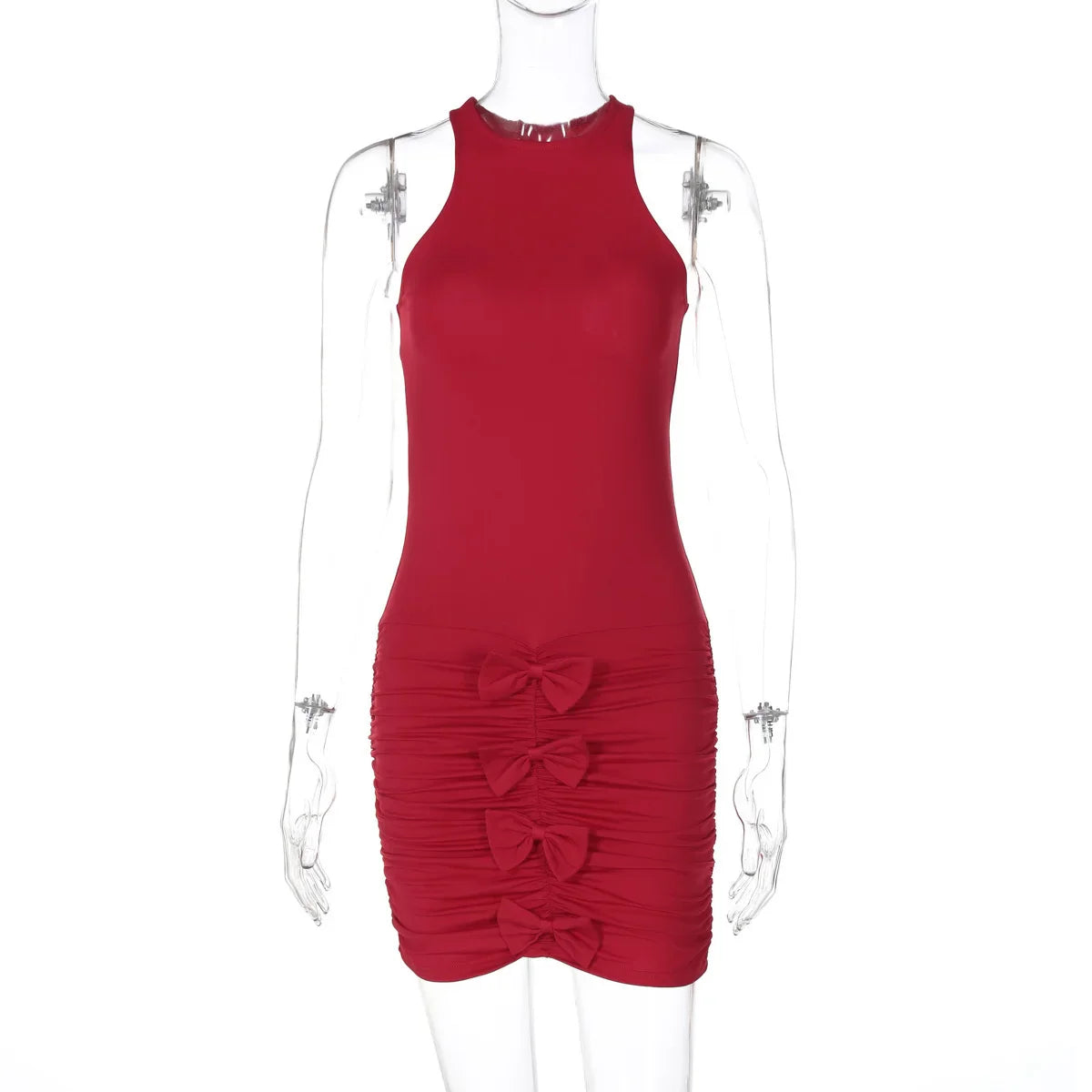 Clubbing Dresses- Ruched Bows Bodycon Mini Dress- Red- IndioGear Women Clothing