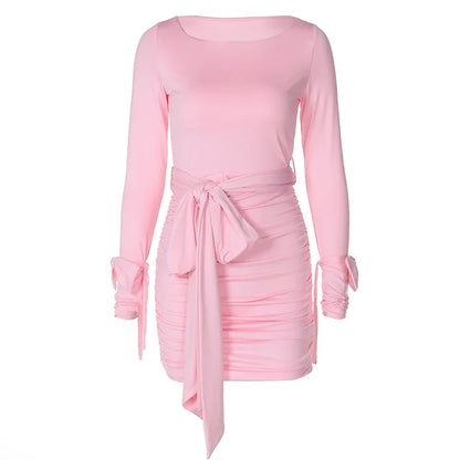 Clubbing Dresses- Ruched Cinched Pink Bodycon Dress for Night Out- - IndioGear.com