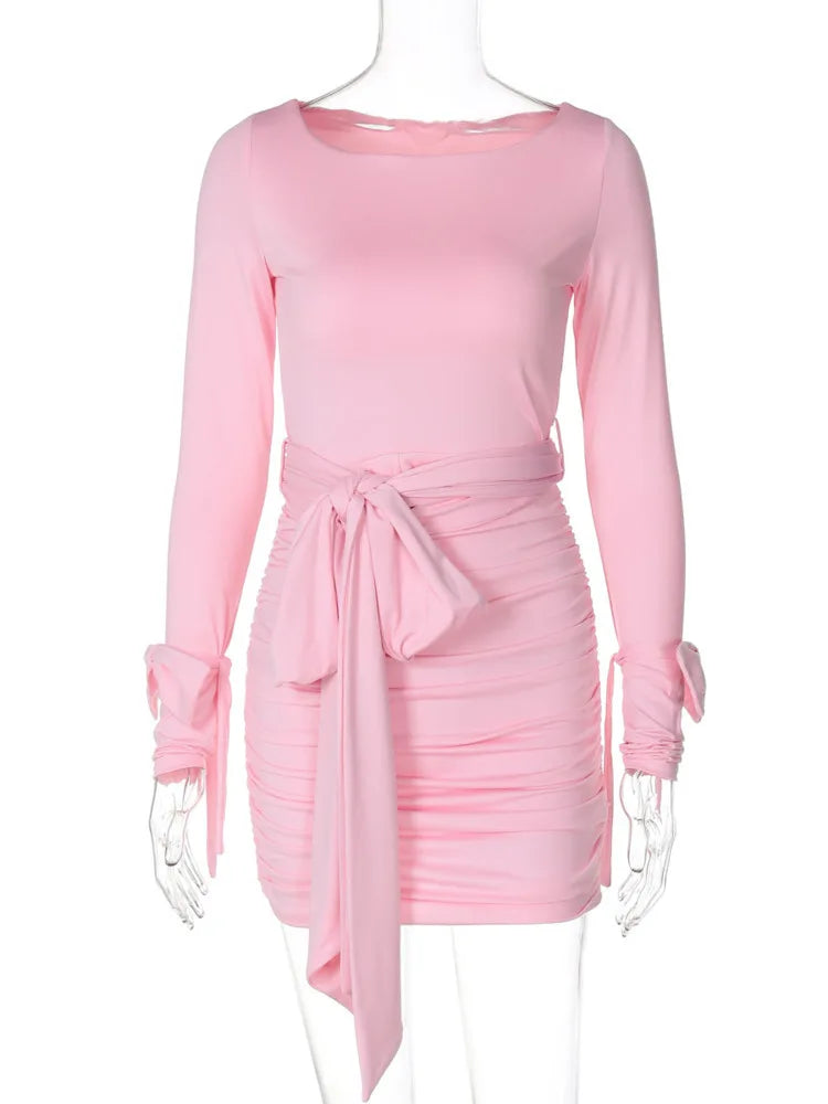 Clubbing Dresses- Ruched Cinched Pink Bodycon Dress for Night Out- Pink- IndioGear.com