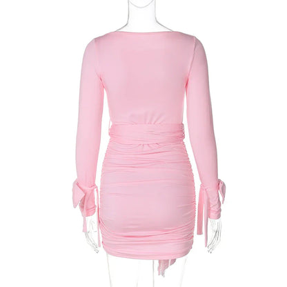 Clubbing Dresses- Ruched Cinched Pink Bodycon Dress for Night Out- - IndioGear.com