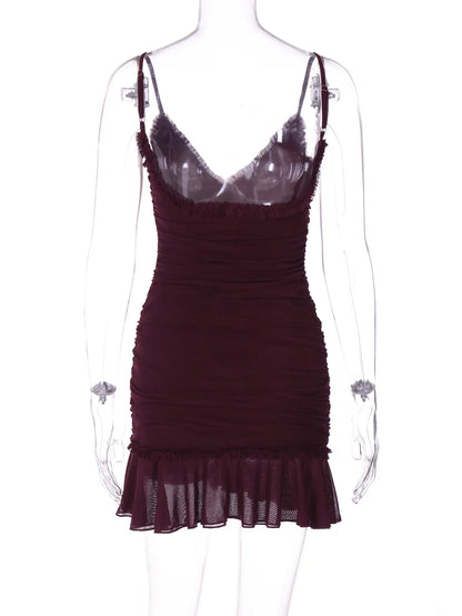 Clubbing Dresses- Ruched Mini Dress with Playful Hem for Parties- - IndioGear.com