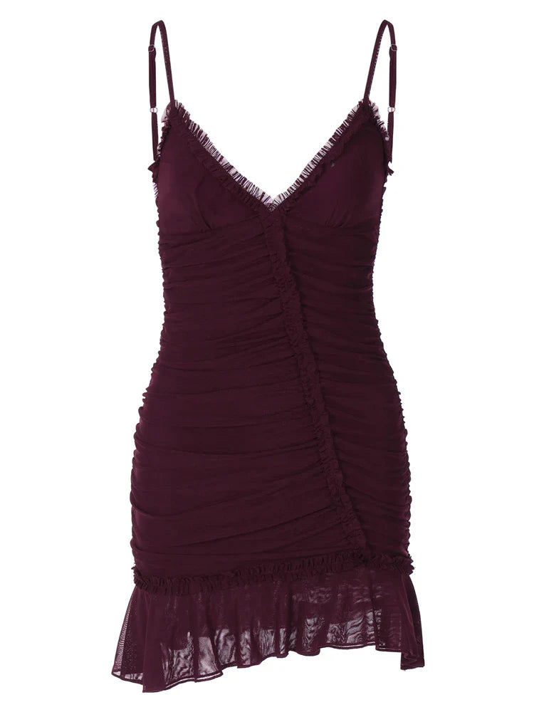 Clubbing Dresses- Ruched Mini Dress with Playful Hem for Parties- - IndioGear.com