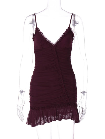 Clubbing Dresses- Ruched Mini Dress with Playful Hem for Parties- - IndioGear.com