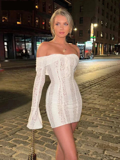 Clubbing Dresses- Sheer Floral Lace Off-Shoulder Dress- - IndioGear Women Clothing