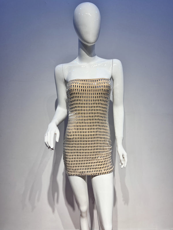 Clubbing Dresses- Sparkling Rhinestone Mini Gold Party Dress- - IndioGear Women Clothing