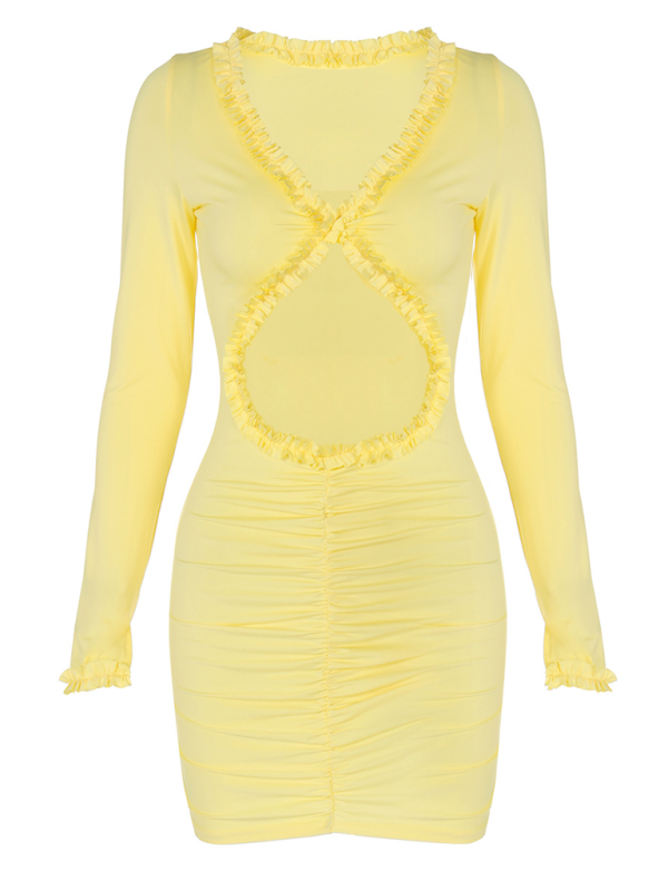 Clubbing Dresses- Vibrant Yellow Ruffled Cut-Out Mini Dress- - IndioGear.com