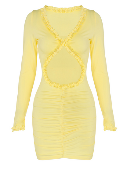 Clubbing Dresses- Vibrant Yellow Ruffled Cut-Out Mini Dress- - IndioGear.com