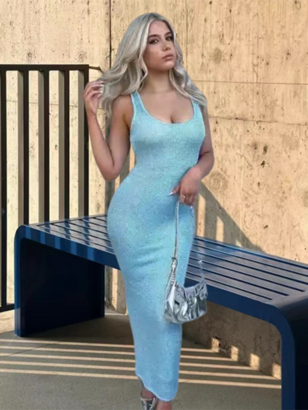 Clubbing Dresses- Women's Sleeveless Sparkle Knit Bodycon Long Dress- Acid blue- IndioGear.com