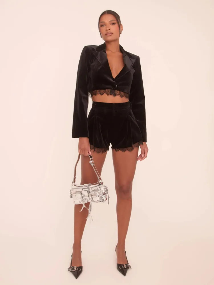 Clubbing Outfits- Lace Trim Crop Blazer and Shorts Set Clubbing 2-Piece Outfit- - IndioGear Women Clothing