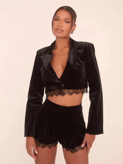 Clubbing Outfits- Lace Trim Crop Blazer and Shorts Set Clubbing 2-Piece Outfit- - IndioGear Women Clothing