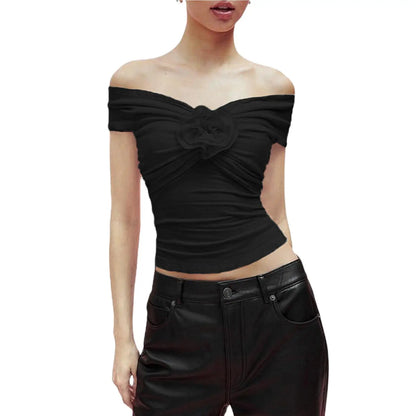 Clubbing Tops- Women Off-Shoulder Bow-Bust Top with Evening Wear- Black- IndioGear.com