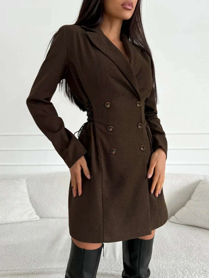 Coat Dresses- Business Double-Breasted Blazer Dress- - IndioGear.com