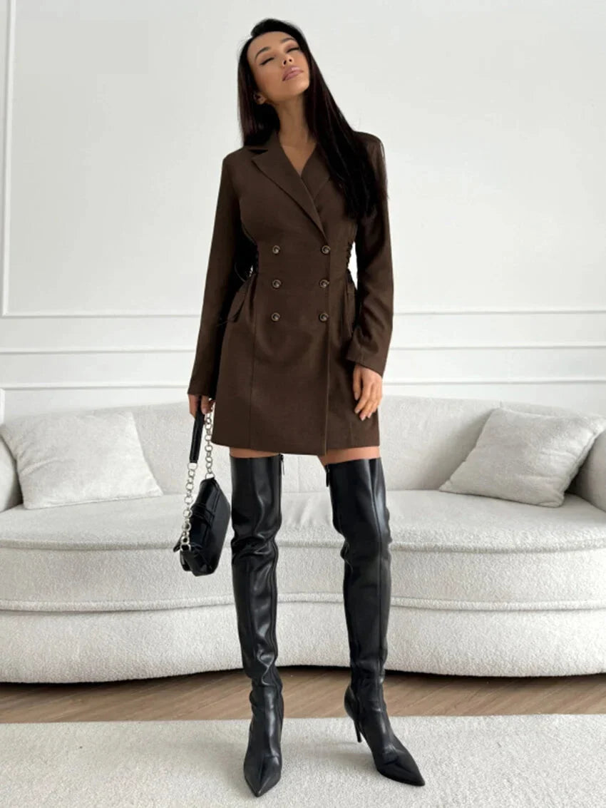 Coat Dresses- Business Double-Breasted Blazer Dress- - IndioGear.com