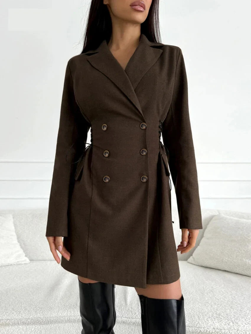 Coat Dresses- Business Double-Breasted Blazer Dress- Brown- IndioGear.com