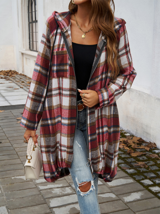 Coats- Autumn Layer Zippered Plaid Hooded Longline Coat- Red- IndioGear.com