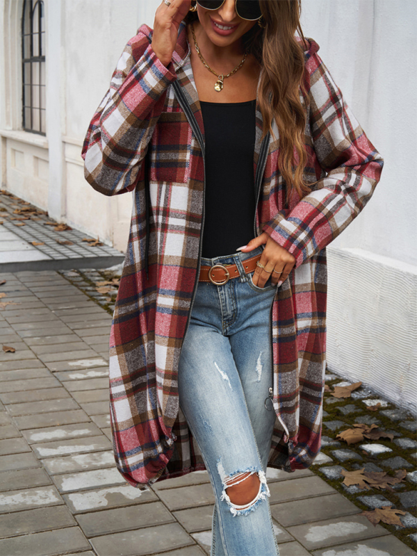 Coats- Autumn Layer Zippered Plaid Hooded Longline Coat- - IndioGear.com