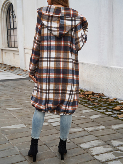 Coats- Autumn Layer Zippered Plaid Hooded Longline Coat- - IndioGear.com