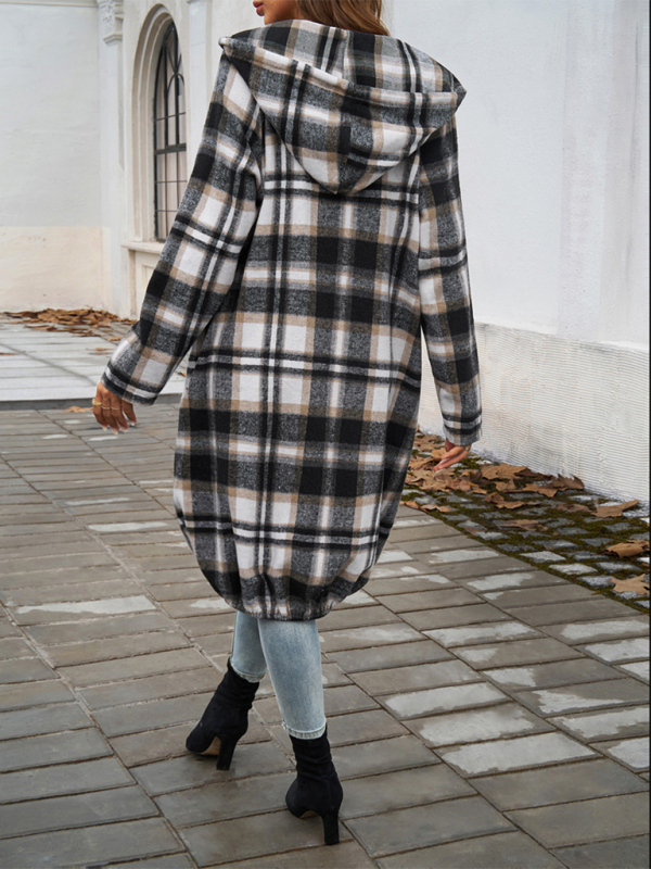 Coats- Autumn Layer Zippered Plaid Hooded Longline Coat- - IndioGear.com