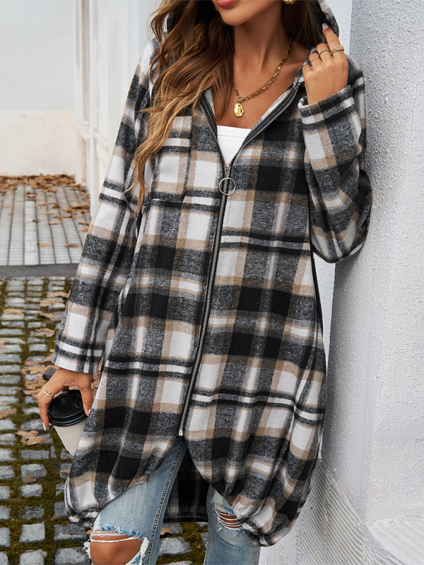 Coats- Autumn Layer Zippered Plaid Hooded Longline Coat- - IndioGear.com