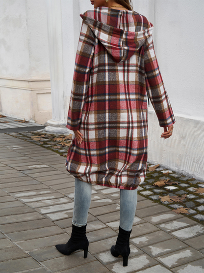 Coats- Autumn Layer Zippered Plaid Hooded Longline Coat- - IndioGear.com