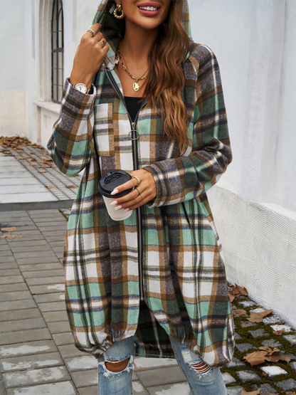 Coats- Autumn Layer Zippered Plaid Hooded Longline Coat- Green- IndioGear.com