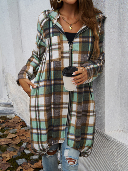 Coats- Autumn Layer Zippered Plaid Hooded Longline Coat- - IndioGear.com