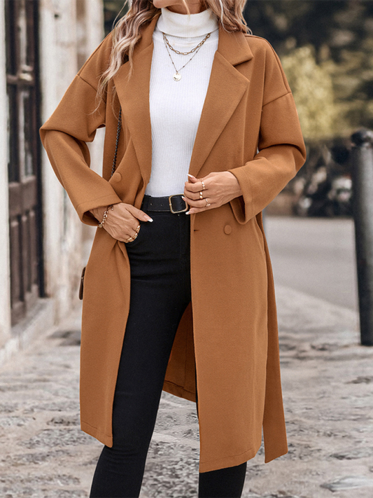 Coats- Elegant Caramel Tweed Double-breasted Coat- Camel- IndioGear.com