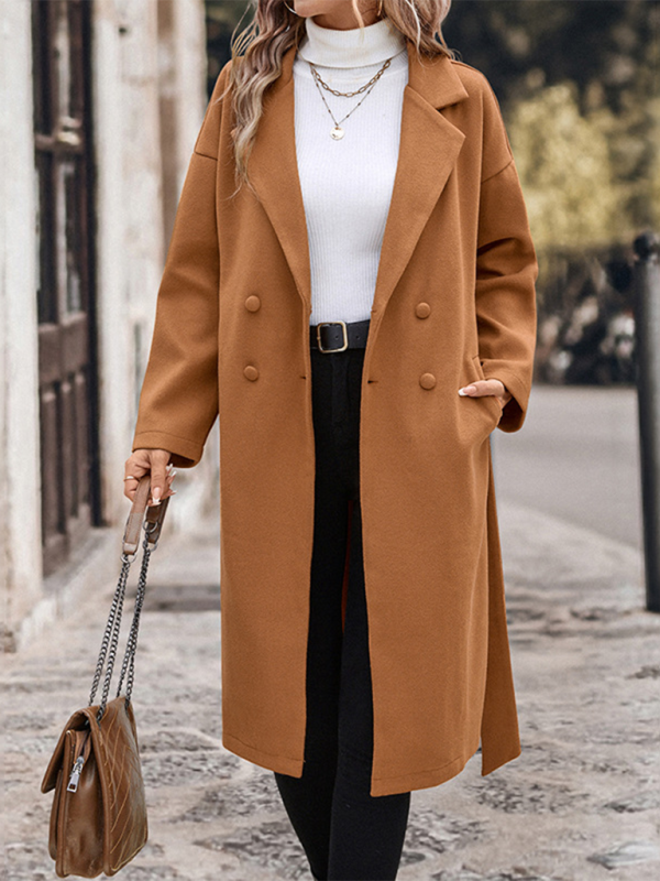 Coats- Elegant Caramel Tweed Double-breasted Coat- - IndioGear.com