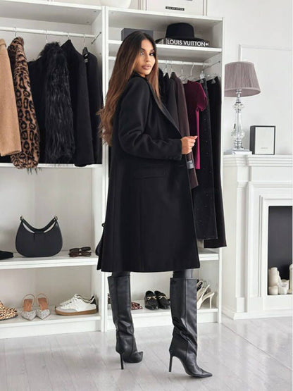 Coats- Elegant Mid-Calf Notch Lapel Coat- - IndioGear Women Clothing