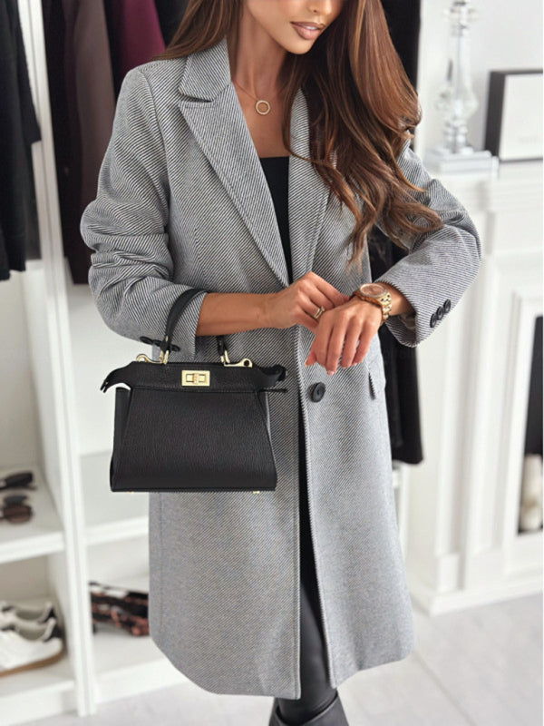 Coats- Elegant Mid-Calf Notch Lapel Coat- - IndioGear Women Clothing