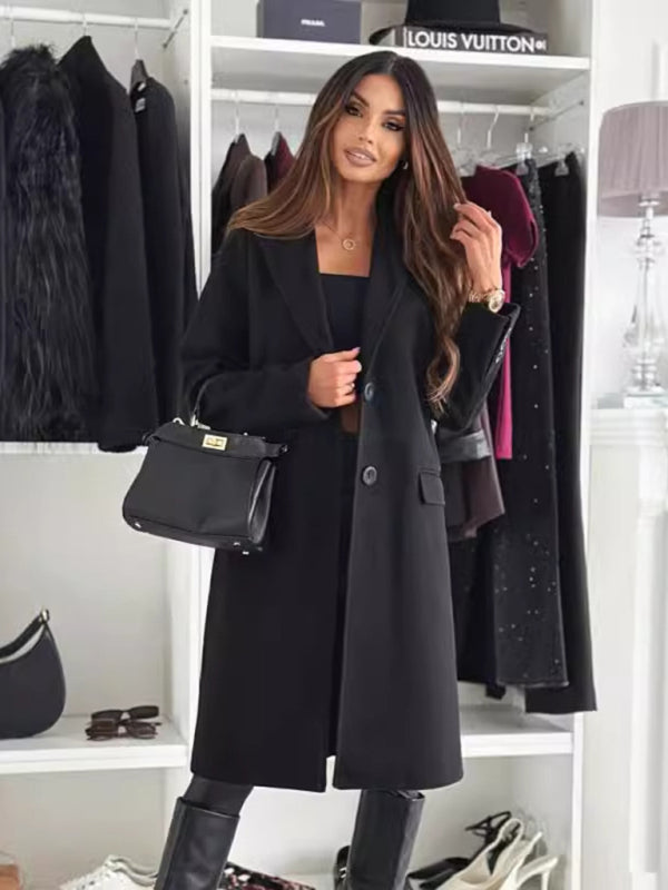 Coats- Elegant Mid-Calf Notch Lapel Coat- - IndioGear Women Clothing