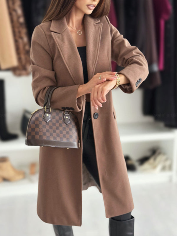 Coats- Elegant Mid-Calf Notch Lapel Coat- - IndioGear Women Clothing