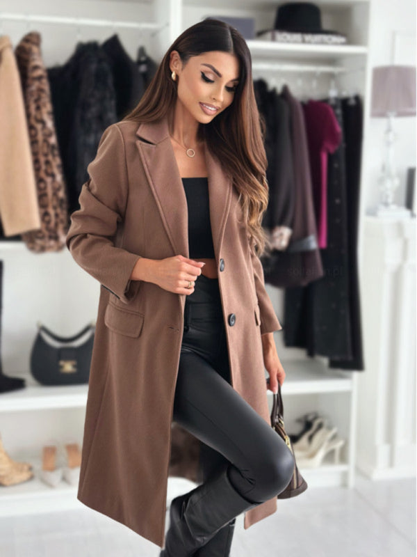 Coats- Elegant Mid-Calf Notch Lapel Coat- - IndioGear Women Clothing